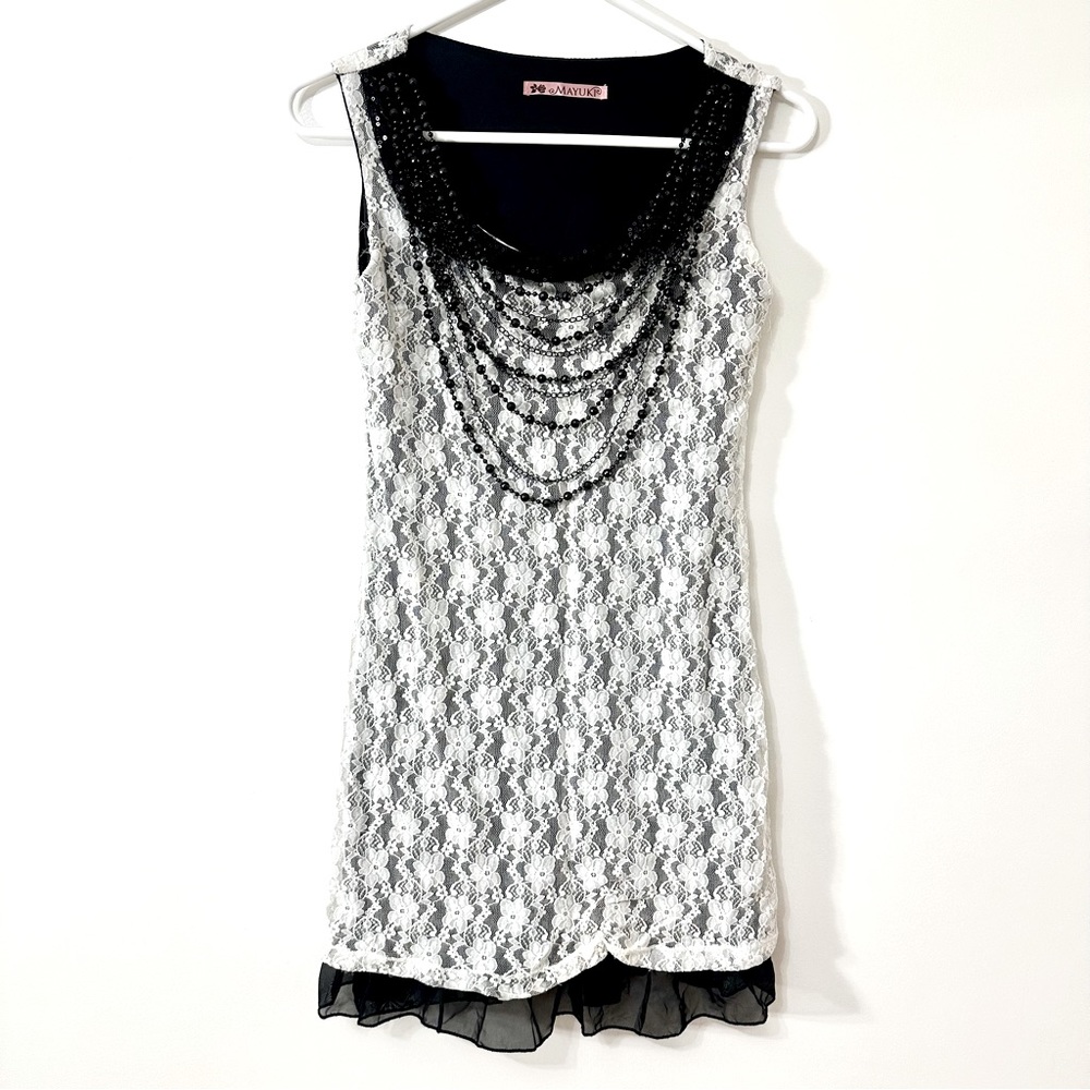 Flower Lace with sequins and beaded neckline detailed Dress - Size: S